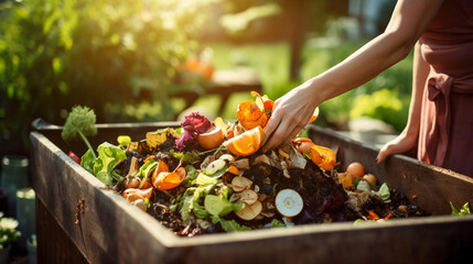 stockphoto, Person composting food waste in backyard compost bin garden. Person putting green waste into a compost bin. Sustainability, ecology. Environment. - obrazy, fototapety, plakaty