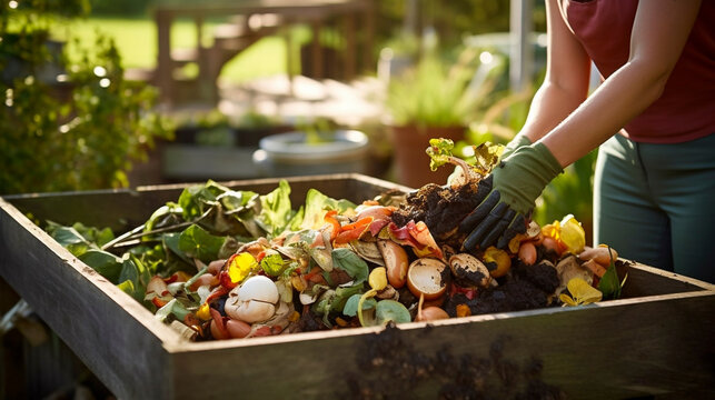 stockphoto, Person composting food waste in backyard compost bin garden. Person putting green waste into a compost bin. Sustainability, ecology. Environment.