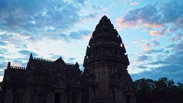 Amazing Phimai Sanctuary in blue sky..The castle gate can be seen through to the other side of the castle..Prasat Hin Phimai, an architecture built with exquisite stones