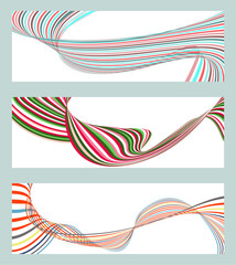 Wavy lines or ribbons. Set of 3 backgrounds. Multicolored striped gradient. Creative unusual background with abstract gradient wave lines to create a trendy banner, poster. vector eps