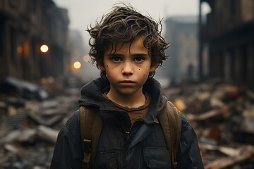 A boy in a war-torn country stands sad-faced in front of a pile of building rubble. This scene...