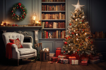 living room with fireplace and christmas tree