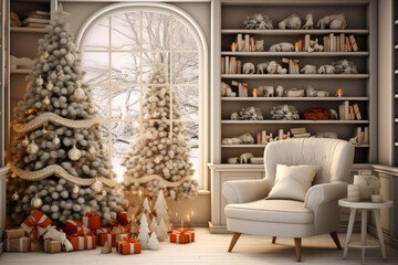 living room with fireplace and christmas tree