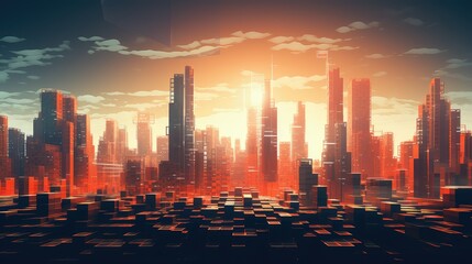 3d voxel city landscape illustration render modern, futuristic view, perspective geometry 3d voxel...
