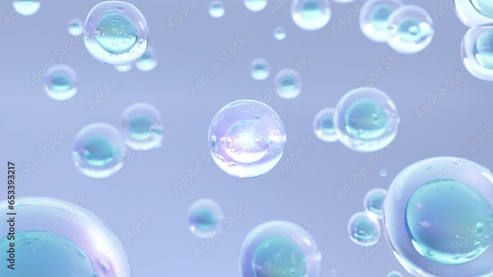 Poster a macro visual of many air bubbles rising up in water against a light blue background. design of bea