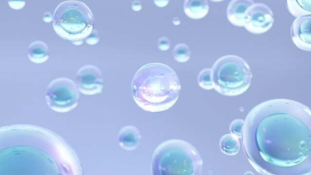 A macro visual of many air bubbles rising up in water against a light blue background. Design of Beauty glossy Moisturizing bubble blobs in super slow motion. 3D animation of cosmetic serum
