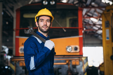 Portrait of Industrial engineers inspect and perform maintenance on the machines at factory machines. Teamwork in the Manufacturing Industry in train garage.