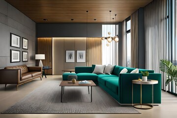 modern living room with green sofa and decor