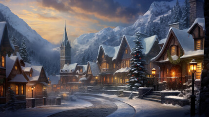 A snow-covered village nestled in the mountains, promising cozy moments by the fireplace and winter sports thrills