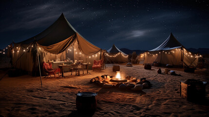 A traditional desert camp under a blanket of stars, offering a unique blend of cultural immersion and celestial wonder
