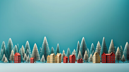 Miniature town with tall trees on blue background