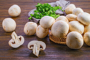 Fresh Mushrooms on Wooden Board