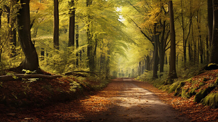 An enchanting forest with a canopy of autumn hues, inviting travelers to explore and lose themselves in nature's splendor