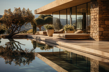 Fototapeta premium Modern exterior of a luxury southern villa in a minimal style with swimming pool and tree, Generative AI
