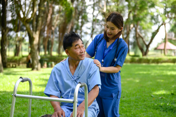 Patients Receive Encouragement and Good Treatment from Caregivers While Sitting Relaxed in The Green Park. Traits of a Quality Caregiver, Questions and Important Words of Encouragement for Caregiver