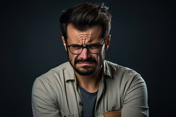 Obraz premium Portrait of a Tearful Depressed Man in Casual Attire on Moody Dark Background. created with Generative AI
