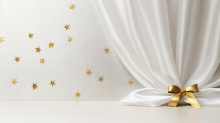 White wrapped curtain in golden bow on gold stars Christmas holiday banner background