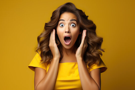 Astonished Elegance Portrait of a Surprised Young Woman in Casual Outfit on Vibrant Yellow Background. created with Generative AI
