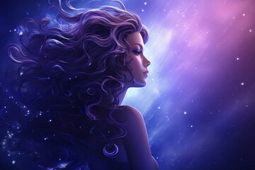 Aquarius Horoscope zodiac astrological sign on a purple nebula background
