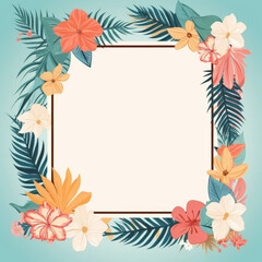 Watercolor flowers and leaves surround empty copy space. Brown border with empty space and surrounding flowers. Mockup