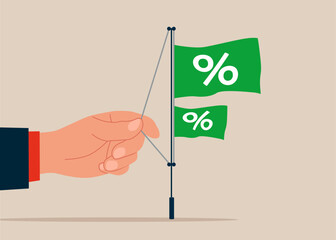 Hand businessman raises a flag with a percentage symbol to the top of a pole. Flat vector illustration