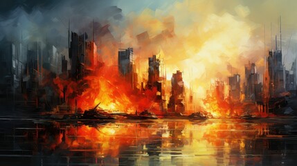 destroy destroyed city fire illustration background red, explosion danger, apocalypse town destroy destroyed city fire