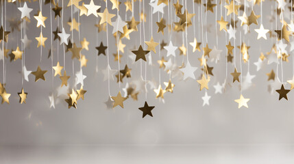 Gold silver stars hanging on strings, Christmas holiday banner background