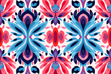 Mosaic Ikat floral seamless pattern, Colorful abstract botanical textile. Ornate elegant luxury vintage retro modern style. For texture textile background backdrop tile wallpaper carpet batik.