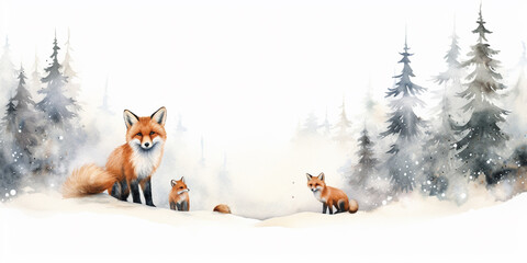 Watercolour Seamless Surface Pattern Tile: Modern Delicate Misty Foggy Eco Line of Pine Spruce Fir Forest Pattern on White Isolated Background: Textiles, Wallpaper & Home Decor. Deer, Fox, Bunny.