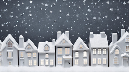 Fototapeta premium White Christmas on town houses on grey Christmas holiday banner background