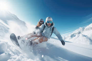 Young couple snowboarding in ski resort - obrazy, fototapety, plakaty