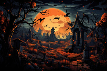  halloween background with pumpkins bats and graveyard