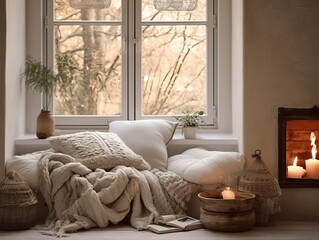 Cozy winter home interior with knitted blankets and pillows, holiday country house in wood, warm fire and afternoon daylight - Powered by Adobe