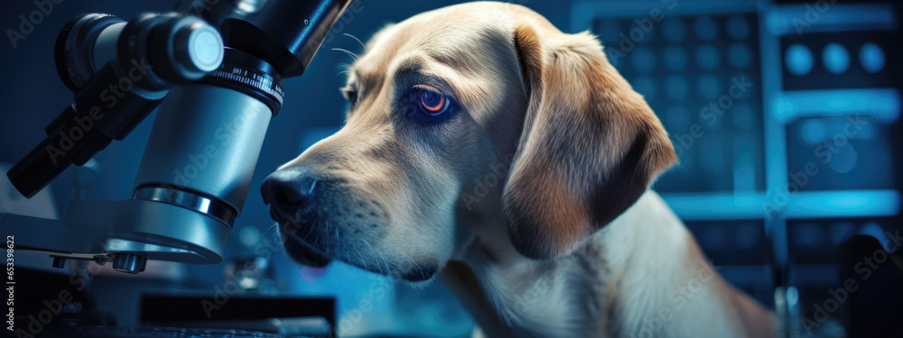 Poster serious dog scientist in a lab with a microscope