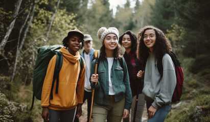 Group of teenage friends walking with backpacks in forest. Travel, tourism and hiking. Generative AI