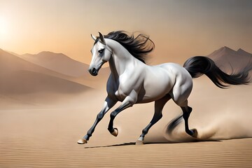 Obraz na płótnie Canvas white beautiful horse running in the desert 