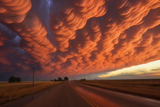 Dramatic mammatus clouds hanging bulbous and heavy, heralding turbulent weather ahead.