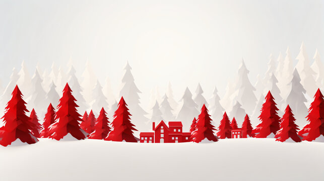 Red Christmas trees and houses on white snow background, Christmas holiday banner background
