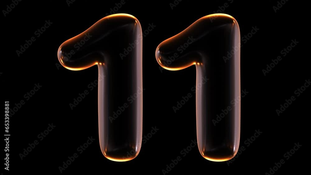 Poster seamless animation of glowing number 11 with light and reflections isolated on black background in 3