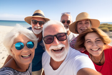 Obraz premium group of senior retired friends taking close-up selfie on holiday