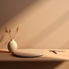 Table with notebooks and pencils, lamps, aesthetic beige style, minimalist design