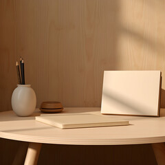 Table with notebooks and pencils, lamps, aesthetic beige style, minimalist design
