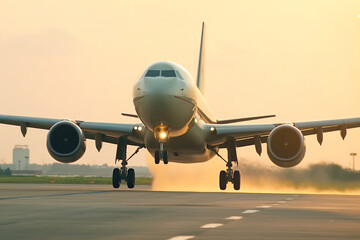 Fototapeta premium Civil airplane is taking off or landing, travel trip vacation