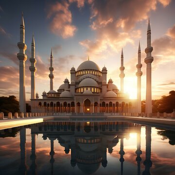 Luxurious mosque with sunset background