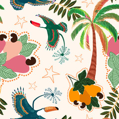 TROPICAL CASHEW TOUCAN PALM TREE STARS WATERCOLOR ILLUSTRATION PATTERN