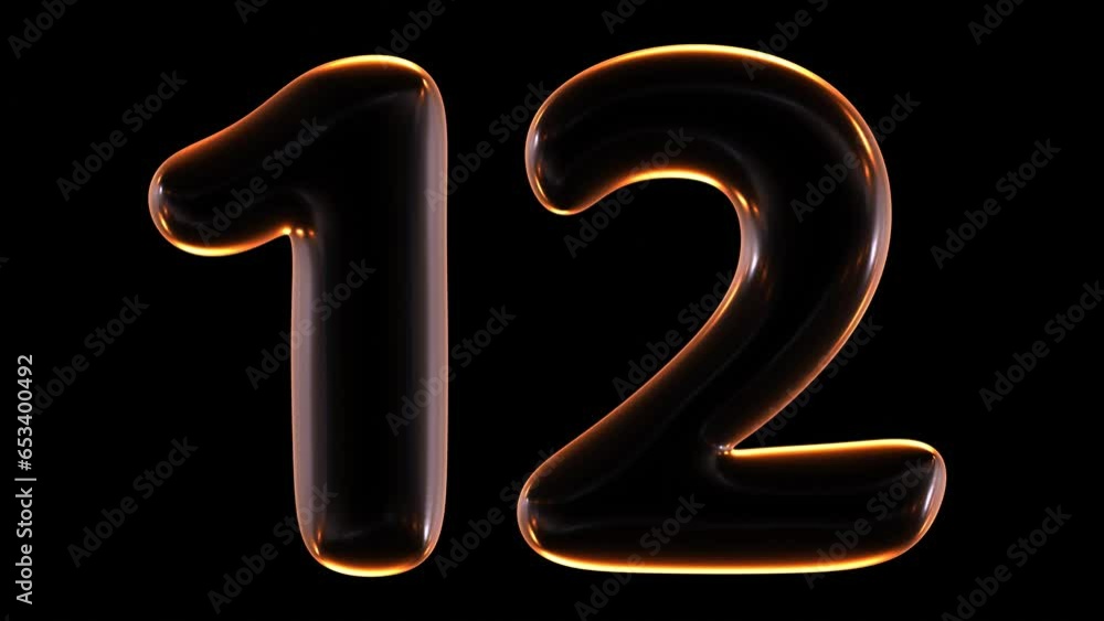 Poster seamless animation of glowing number 12 with light and reflections isolated on black background in 3