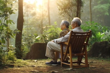 Fototapeta premium Senior couple in love sitting together on chairs looking at nature in forest, during autumn day