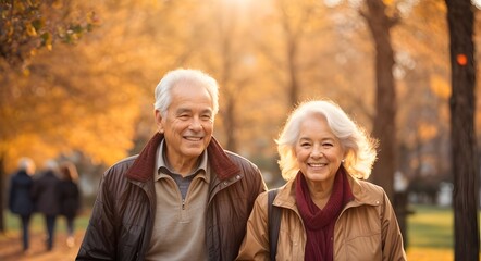 Senior cheerful active smiling mature couple walks looks happy in the park during late autumn sunset with sunflares in the background. Generative Ai.