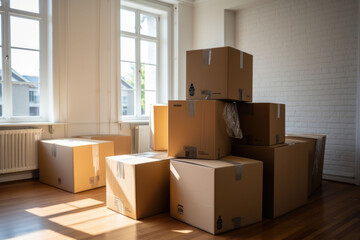 Moving in. Stack of cardboard boxes in the empty room. Generative AI