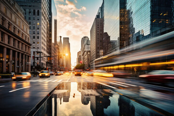 Obraz premium Cityscape office buildings with modern corporate architecture. Modern skyscrapers reflecting in water against sunset sky. Generative AI